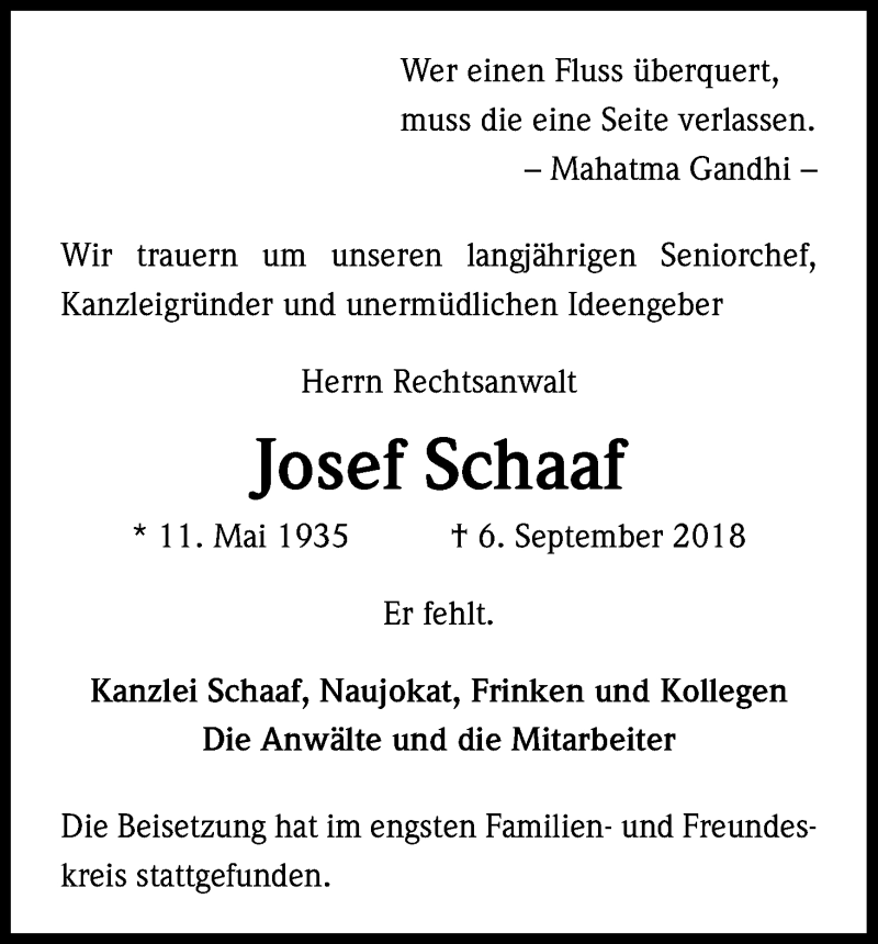  Traueranzeige für Josef Schaaf vom 15.09.2018 aus Kölner Stadt-Anzeiger / Kölnische Rundschau / Express
