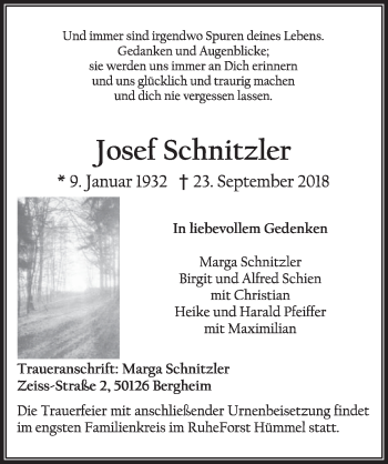 Anzeige von Josef Schnitzler von  Sonntags-Post 