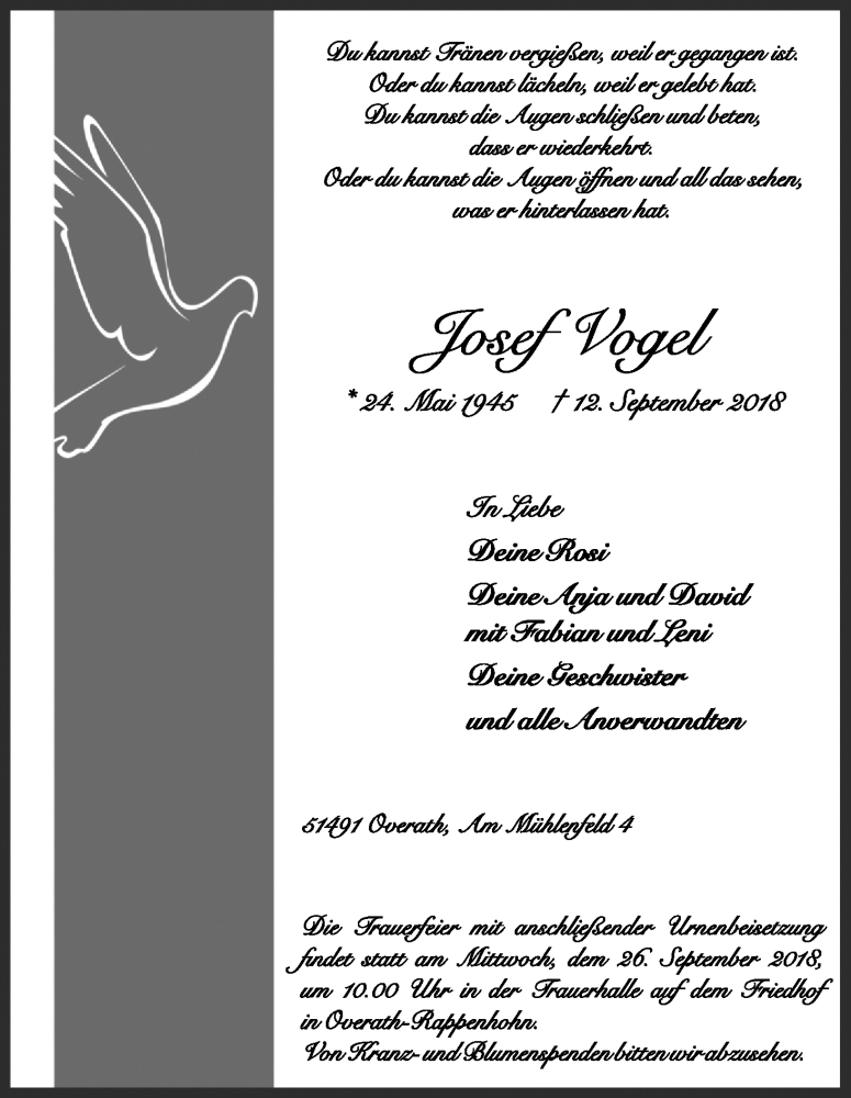  Traueranzeige für Josef Vogel vom 15.09.2018 aus Kölner Stadt-Anzeiger / Kölnische Rundschau / Express