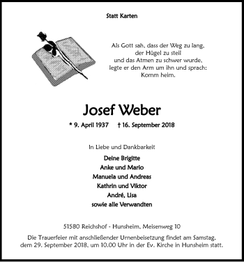 Anzeige von Josef Weber von  Anzeigen Echo 