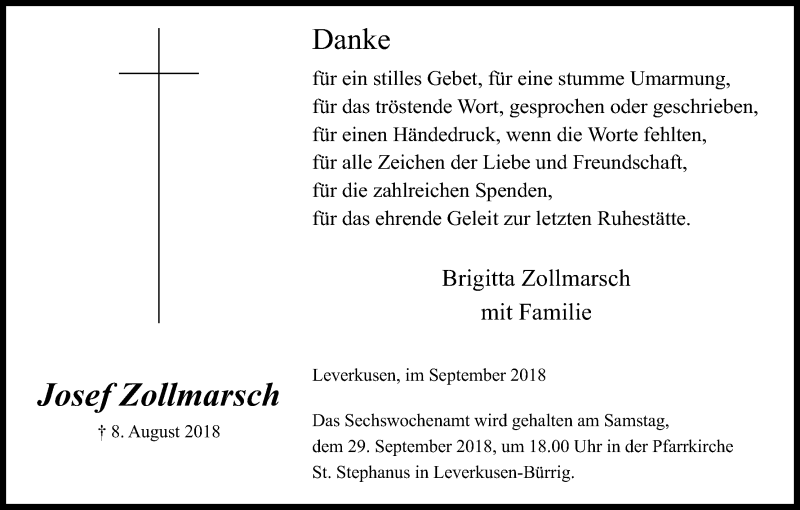  Traueranzeige für Josef Zollmarsch vom 22.09.2018 aus Kölner Stadt-Anzeiger / Kölnische Rundschau / Express