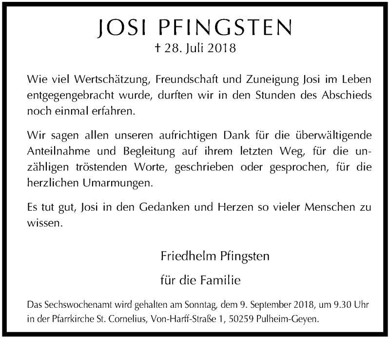  Traueranzeige für Josi Pfingsten vom 08.09.2018 aus  Sonntags-Post 