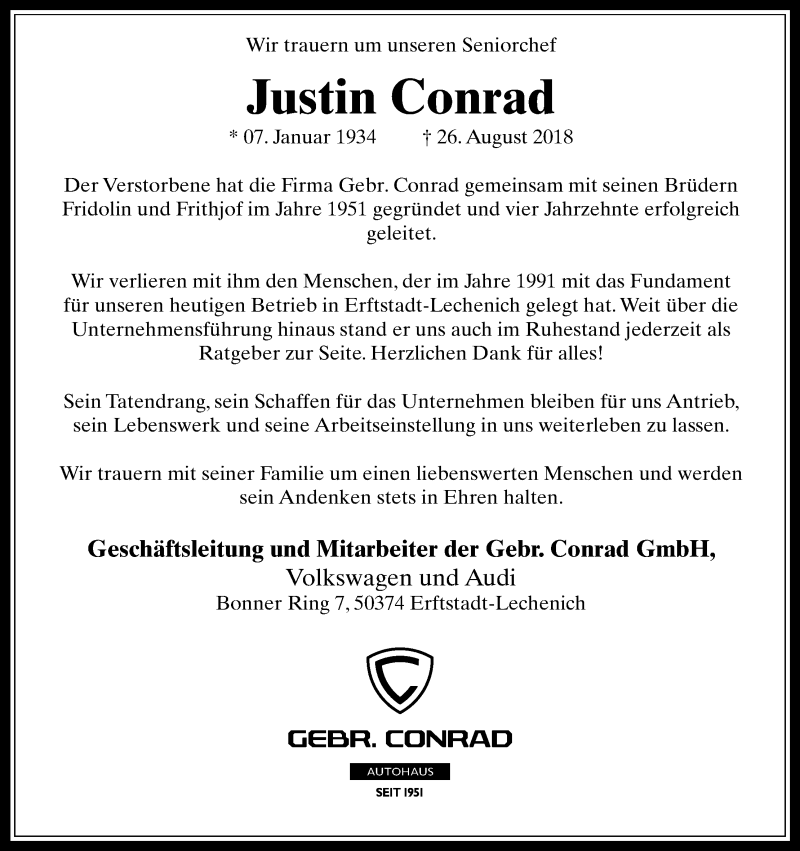 Traueranzeige für Justin Conrad vom 05.09.2018 aus Kölner Stadt-Anzeiger / Kölnische Rundschau / Express
