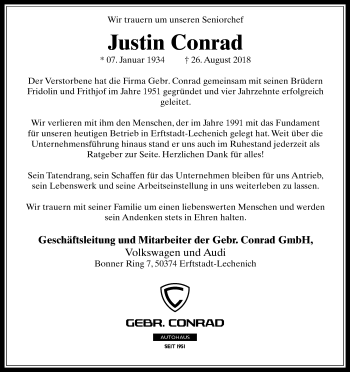 Anzeige von Justin Conrad von Kölner Stadt-Anzeiger / Kölnische Rundschau / Express