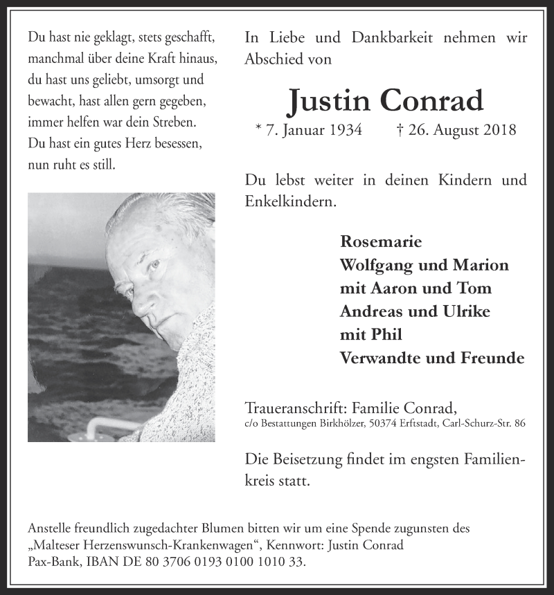  Traueranzeige für Justin Conrad vom 05.09.2018 aus  Werbepost 