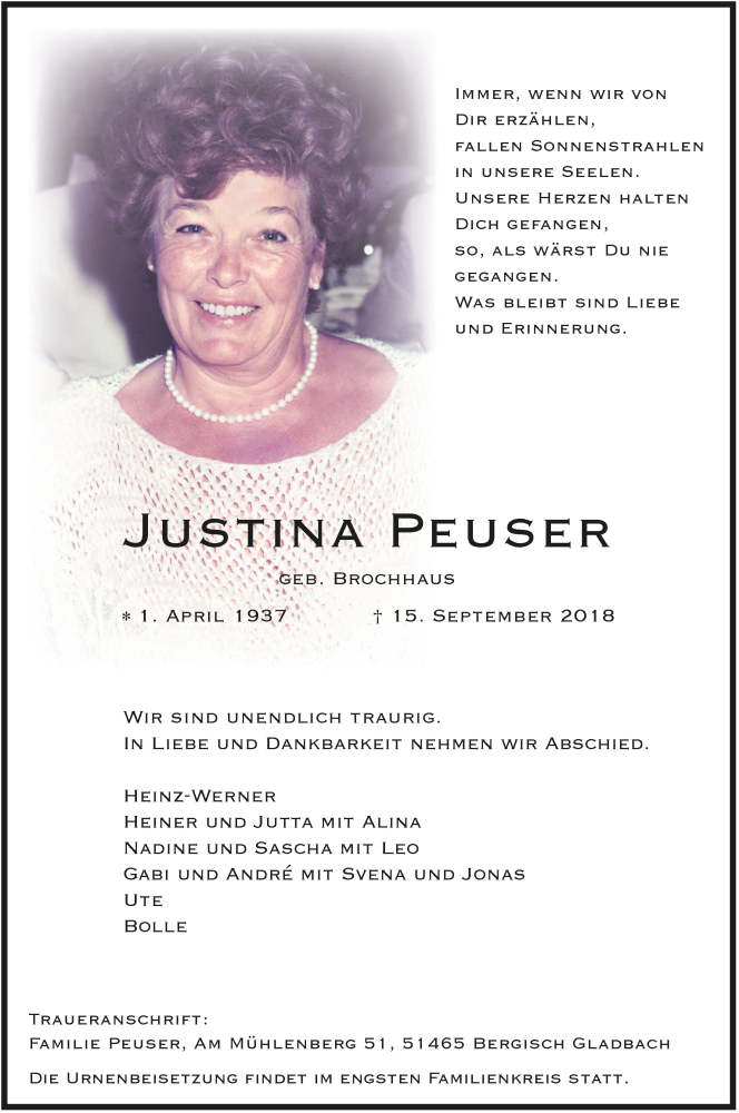  Traueranzeige für Justina Peuser vom 22.09.2018 aus  Bergisches Sonntagsblatt 