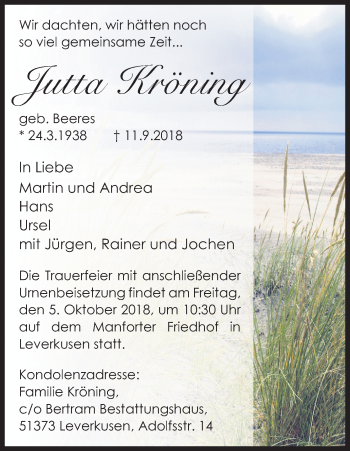 Anzeige von Jutta Kröning von Kölner Stadt-Anzeiger / Kölnische Rundschau / Express