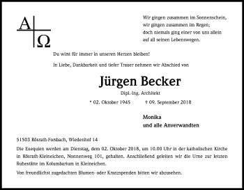 Anzeige von Jürgen Becker von Kölner Stadt-Anzeiger / Kölnische Rundschau / Express
