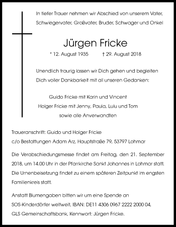 Anzeige von Jürgen Fricke von Kölner Stadt-Anzeiger / Kölnische Rundschau / Express