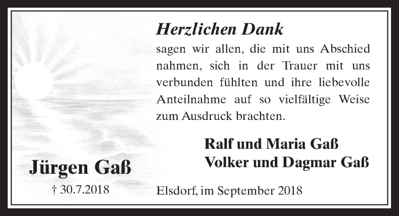  Traueranzeige für Jürgen Gaß vom 26.09.2018 aus  Werbepost 