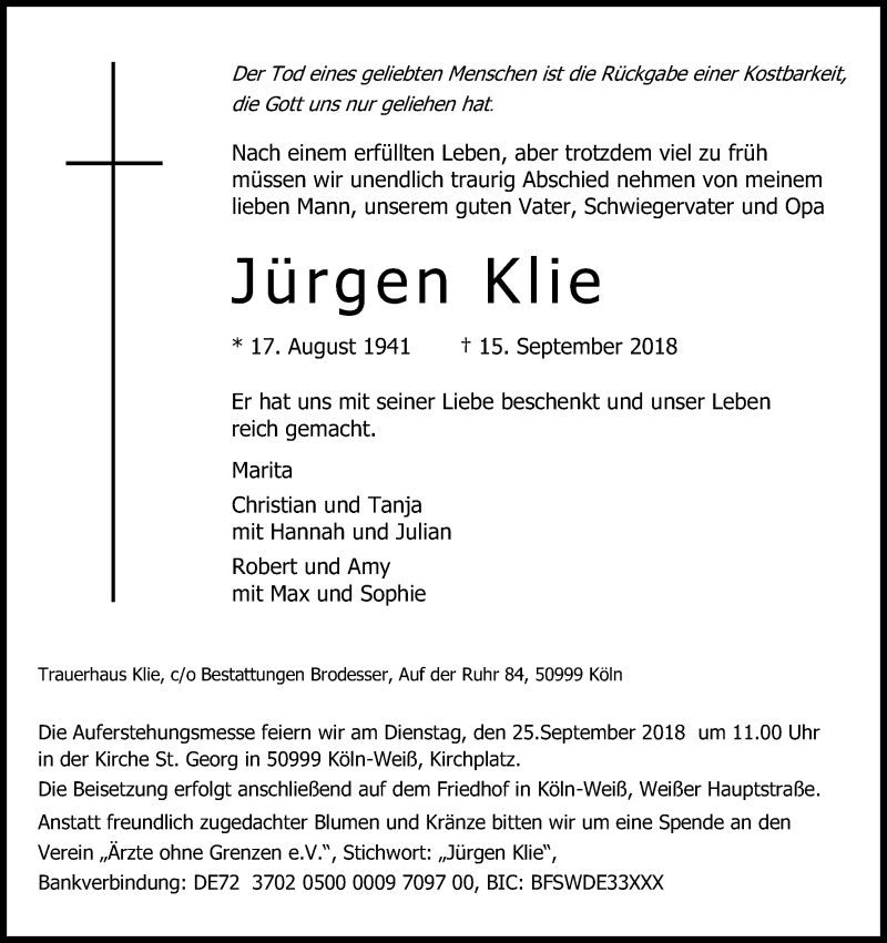  Traueranzeige für Jürgen Klie vom 22.09.2018 aus Kölner Stadt-Anzeiger / Kölnische Rundschau / Express
