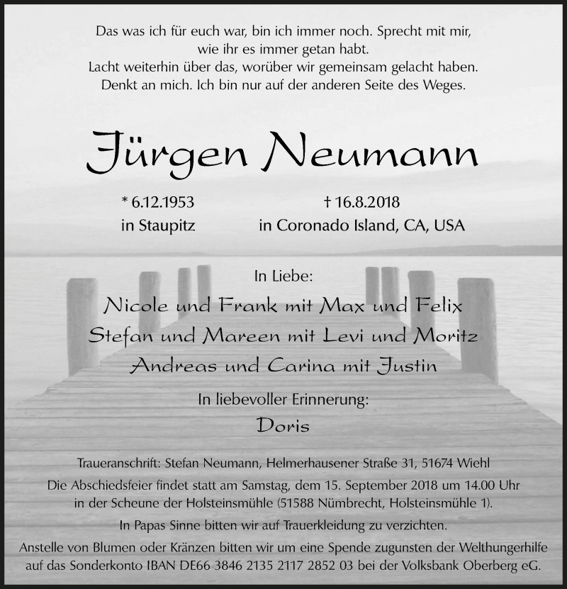  Traueranzeige für Jürgen Neumann vom 12.09.2018 aus  Anzeigen Echo  Lokalanzeiger 