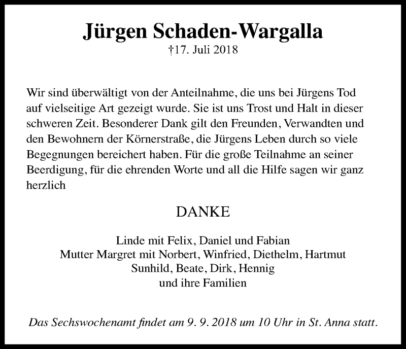  Traueranzeige für Jürgen Schaden-Wargalla vom 08.09.2018 aus Kölner Stadt-Anzeiger / Kölnische Rundschau / Express