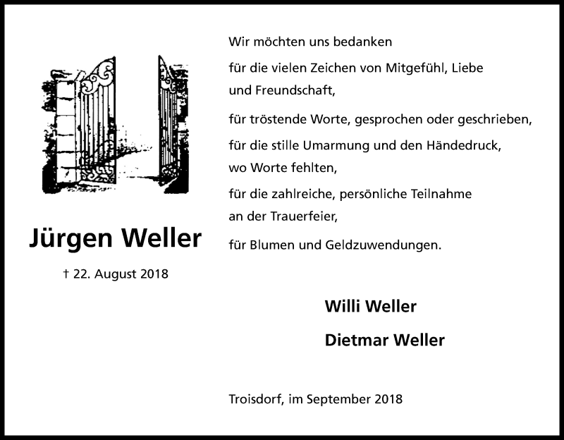  Traueranzeige für Jürgen Weller vom 22.09.2018 aus Kölner Stadt-Anzeiger / Kölnische Rundschau / Express