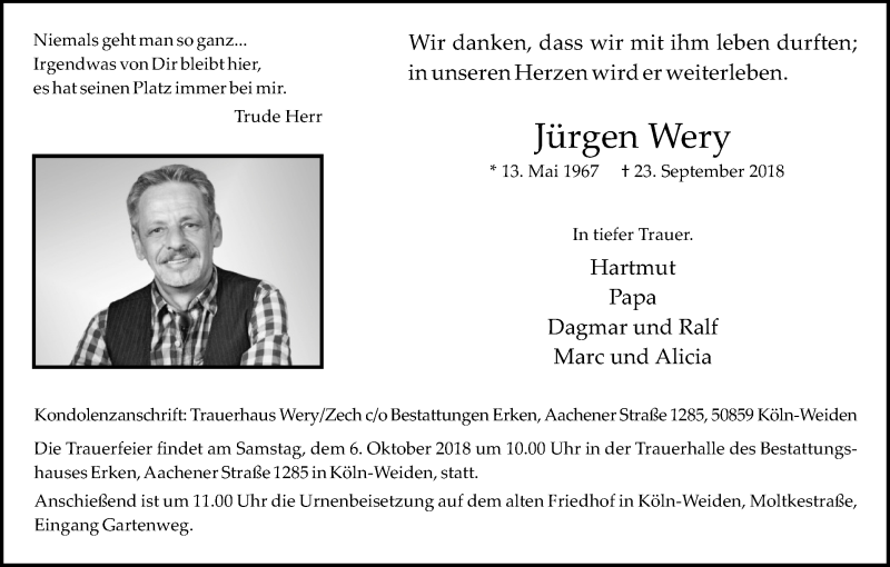  Traueranzeige für Jürgen Wery vom 29.09.2018 aus Kölner Stadt-Anzeiger / Kölnische Rundschau / Express