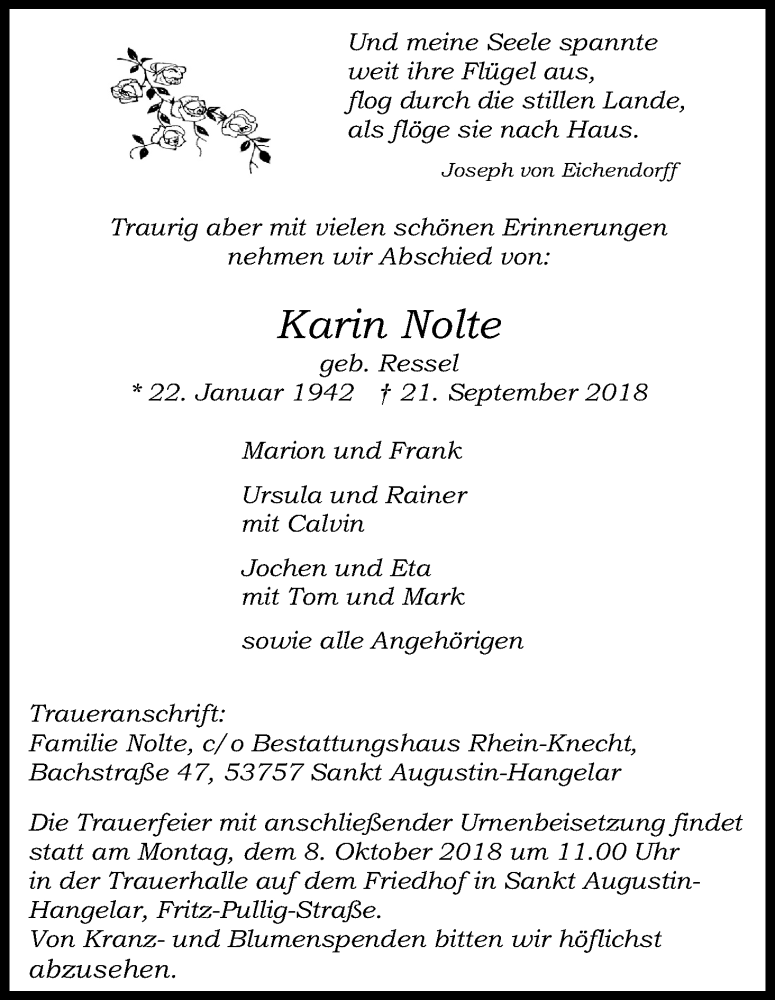  Traueranzeige für Karin Nolte vom 29.09.2018 aus Kölner Stadt-Anzeiger / Kölnische Rundschau / Express