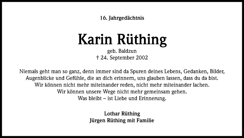  Traueranzeige für Karin Rüthing vom 26.09.2018 aus Kölner Stadt-Anzeiger / Kölnische Rundschau / Express