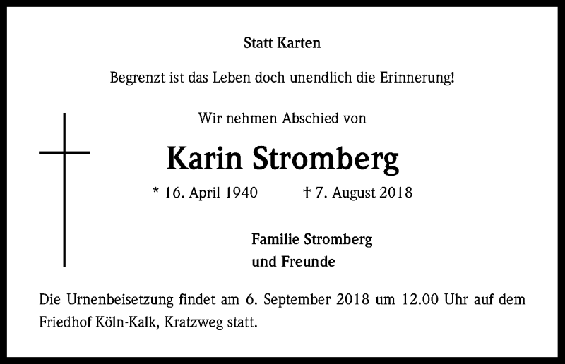  Traueranzeige für Karin Stromberg vom 01.09.2018 aus Kölner Stadt-Anzeiger / Kölnische Rundschau / Express