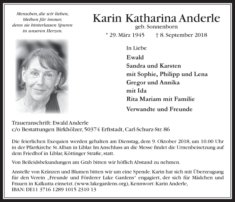 Traueranzeige für Karin Katharina Anderle vom 26.09.2018 aus  Werbepost 
