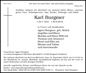 Anzeige von Karl Burgmer von Kölner Stadt-Anzeiger / Kölnische Rundschau / Express
