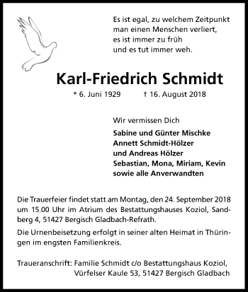 Anzeige von Karl-Friedrich Schmidt von Kölner Stadt-Anzeiger / Kölnische Rundschau / Express