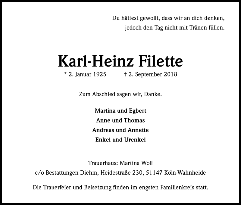  Traueranzeige für Karl-Heinz Filette vom 15.09.2018 aus Kölner Stadt-Anzeiger / Kölnische Rundschau / Express