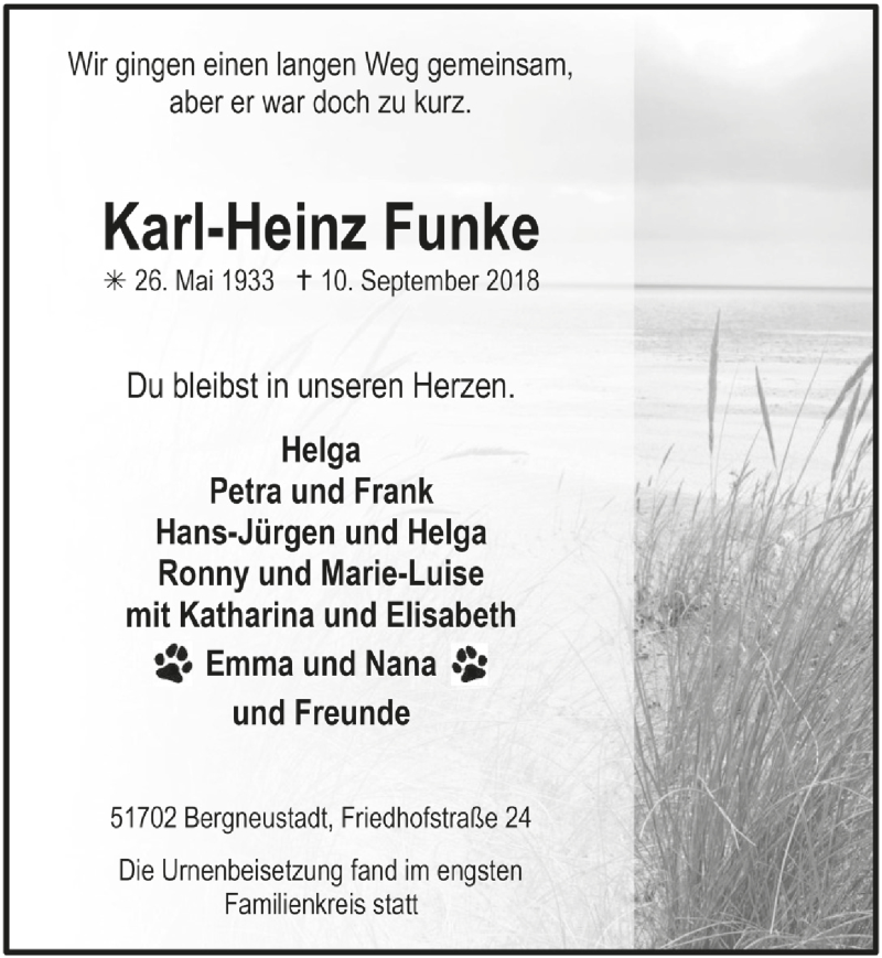  Traueranzeige für Karl-Heinz Funke vom 26.09.2018 aus  Anzeigen Echo 