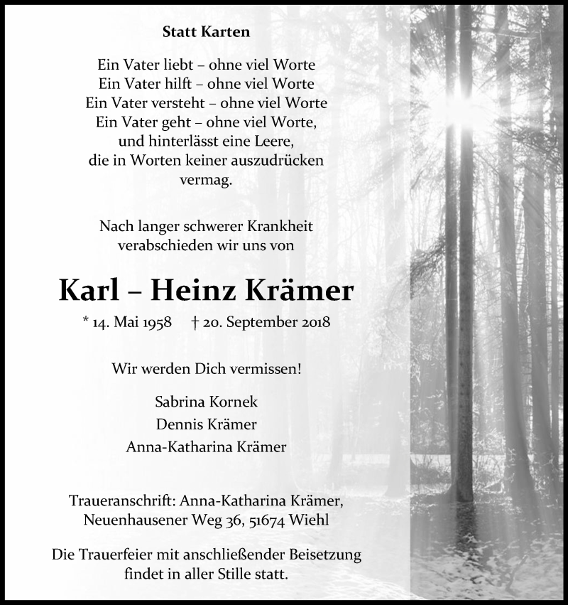  Traueranzeige für Karl-Heinz Krämer vom 29.09.2018 aus Kölner Stadt-Anzeiger / Kölnische Rundschau / Express