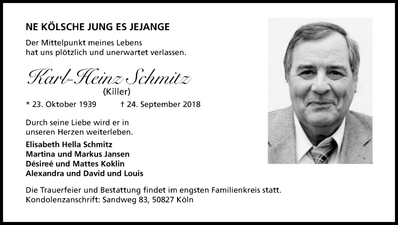  Traueranzeige für Karl-Heinz Schmitz vom 29.09.2018 aus Kölner Stadt-Anzeiger / Kölnische Rundschau / Express