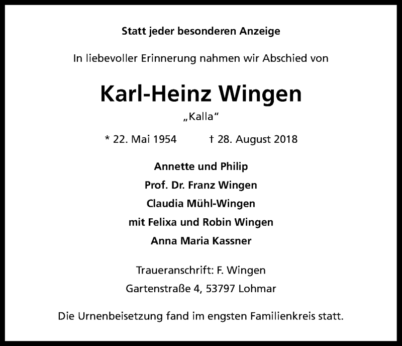  Traueranzeige für Karl-Heinz Wingen vom 29.09.2018 aus Kölner Stadt-Anzeiger / Kölnische Rundschau / Express