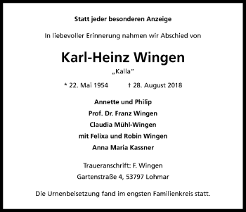 Anzeige von Karl-Heinz Wingen von Kölner Stadt-Anzeiger / Kölnische Rundschau / Express