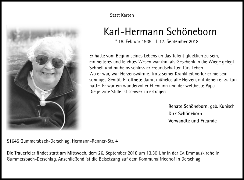  Traueranzeige für Karl-Hermann Schöneborn vom 22.09.2018 aus Kölner Stadt-Anzeiger / Kölnische Rundschau / Express