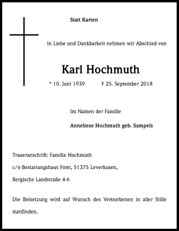 Anzeige von Karl Hochmuth von Kölner Stadt-Anzeiger / Kölnische Rundschau / Express