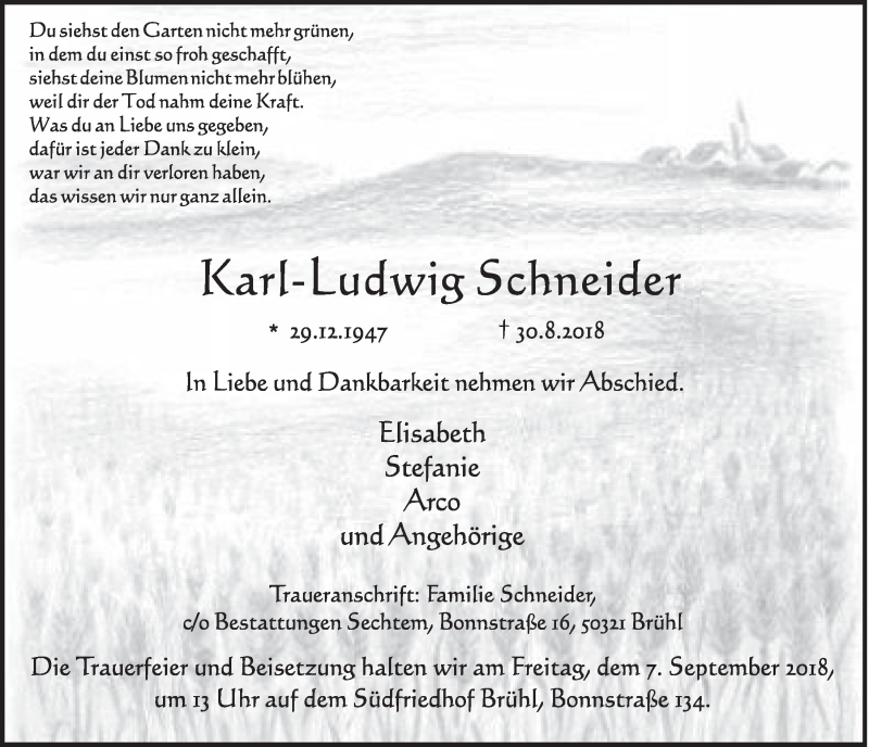  Traueranzeige für Karl-Ludwig Schneider vom 05.09.2018 aus  Schlossbote/Werbekurier 