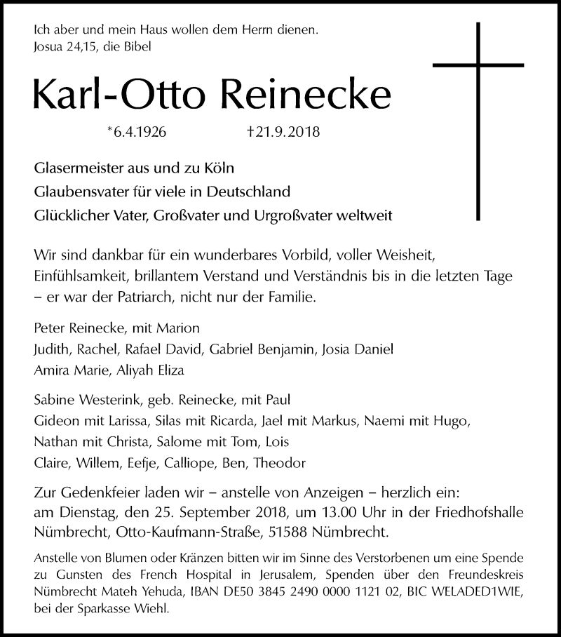  Traueranzeige für Karl-Otto Reinecke vom 25.09.2018 aus Kölner Stadt-Anzeiger / Kölnische Rundschau / Express