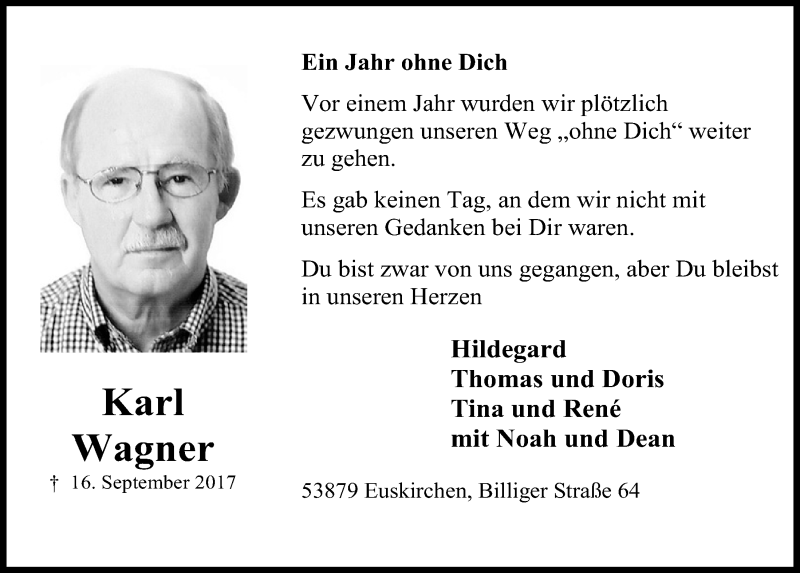  Traueranzeige für Karl Wagner vom 15.09.2018 aus  Blickpunkt Euskirchen 