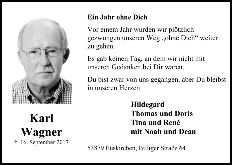  Traueranzeige für Karl Wagner vom 15.09.2018 aus Kölner Stadt-Anzeiger / Kölnische Rundschau / Express