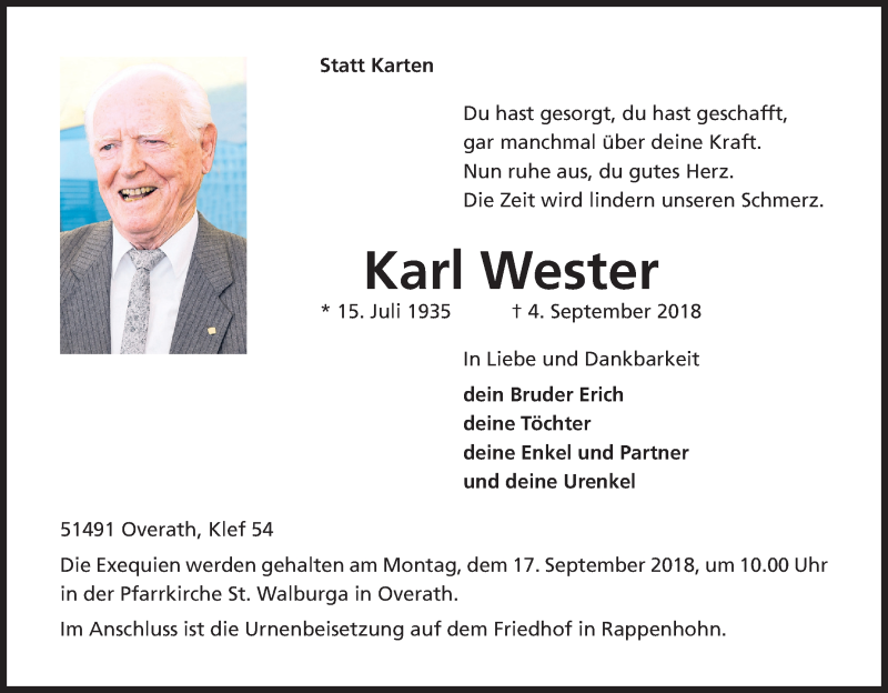  Traueranzeige für Karl Wester vom 08.09.2018 aus Kölner Stadt-Anzeiger / Kölnische Rundschau / Express