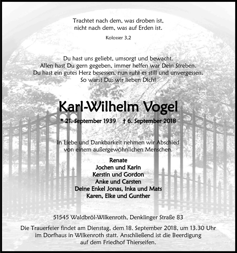  Traueranzeige für Karl-Wilhelm Vogel vom 13.09.2018 aus Kölner Stadt-Anzeiger / Kölnische Rundschau / Express