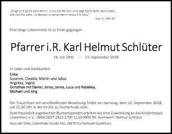 Anzeige von Karl Helmut Schlüter von Kölner Stadt-Anzeiger / Kölnische Rundschau / Express