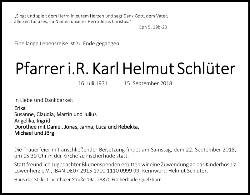  Traueranzeige für Karl Helmut Schlüter vom 20.09.2018 aus Kölner Stadt-Anzeiger / Kölnische Rundschau / Express