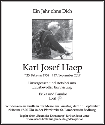 Anzeige von Karl Josef Haep von  Sonntags-Post 
