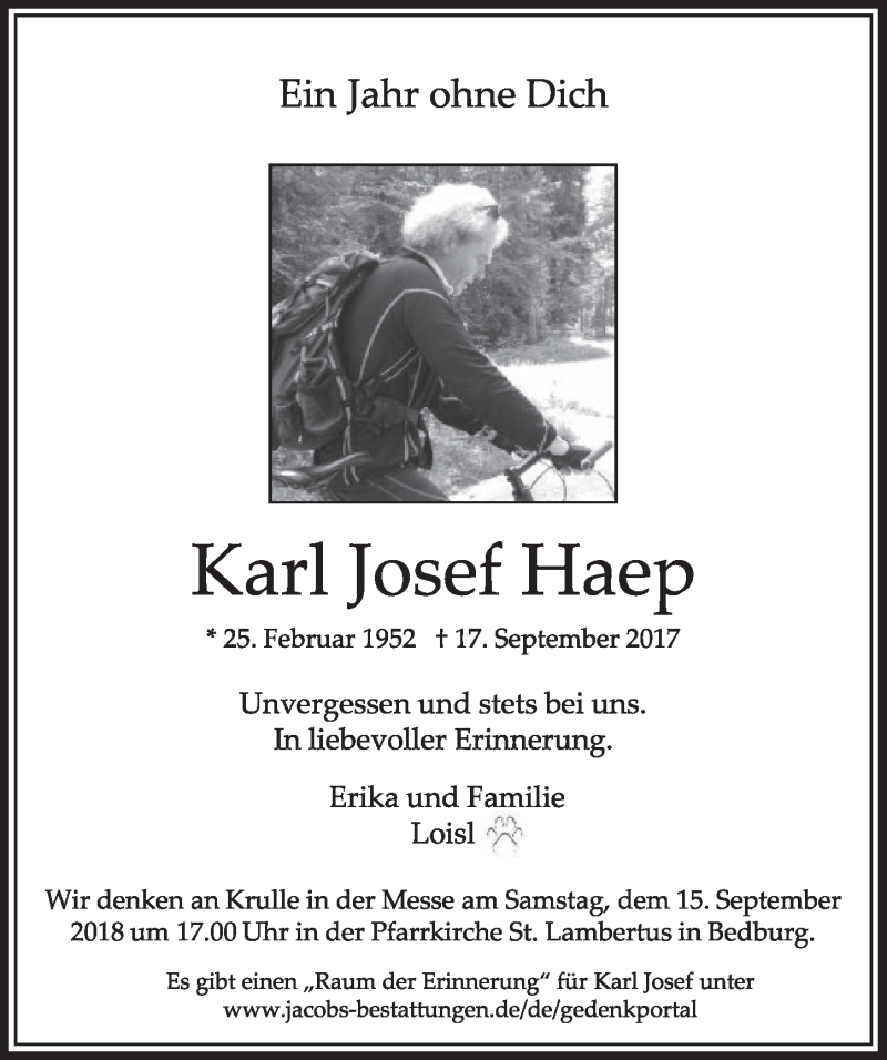  Traueranzeige für Karl Josef Haep vom 15.09.2018 aus  Sonntags-Post 