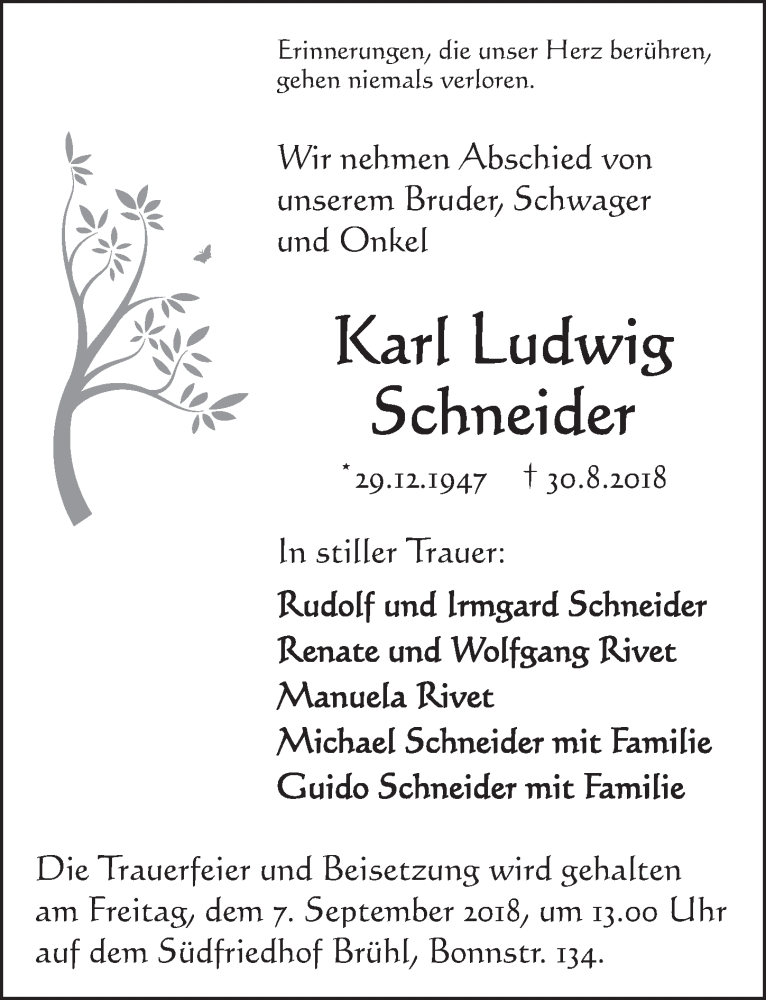  Traueranzeige für Karl Ludwig Schneider vom 05.09.2018 aus  Schlossbote/Werbekurier 