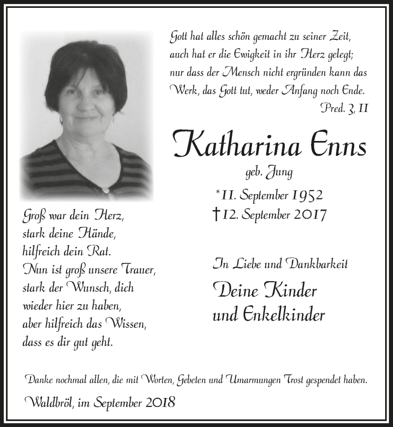  Traueranzeige für Katharina Enns vom 12.09.2018 aus  Lokalanzeiger 