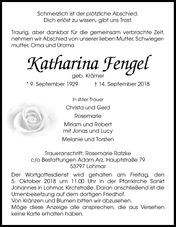 Anzeige von Katharina Fengel von Kölner Stadt-Anzeiger / Kölnische Rundschau / Express