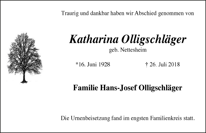  Traueranzeige für Katharina Olligschläger vom 05.09.2018 aus  Schlossbote/Werbekurier 