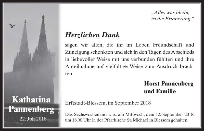  Traueranzeige für Katharina Pannenberg vom 05.09.2018 aus  Werbepost 