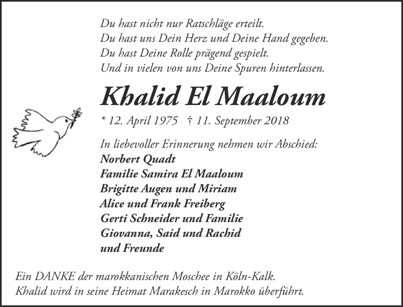  Traueranzeige für Khalid El Maaloum vom 19.09.2018 aus  Kölner Wochenspiegel 