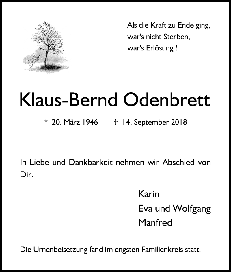  Traueranzeige für Klaus-Bernd Odenbrett vom 21.09.2018 aus Kölner Stadt-Anzeiger / Kölnische Rundschau / Express